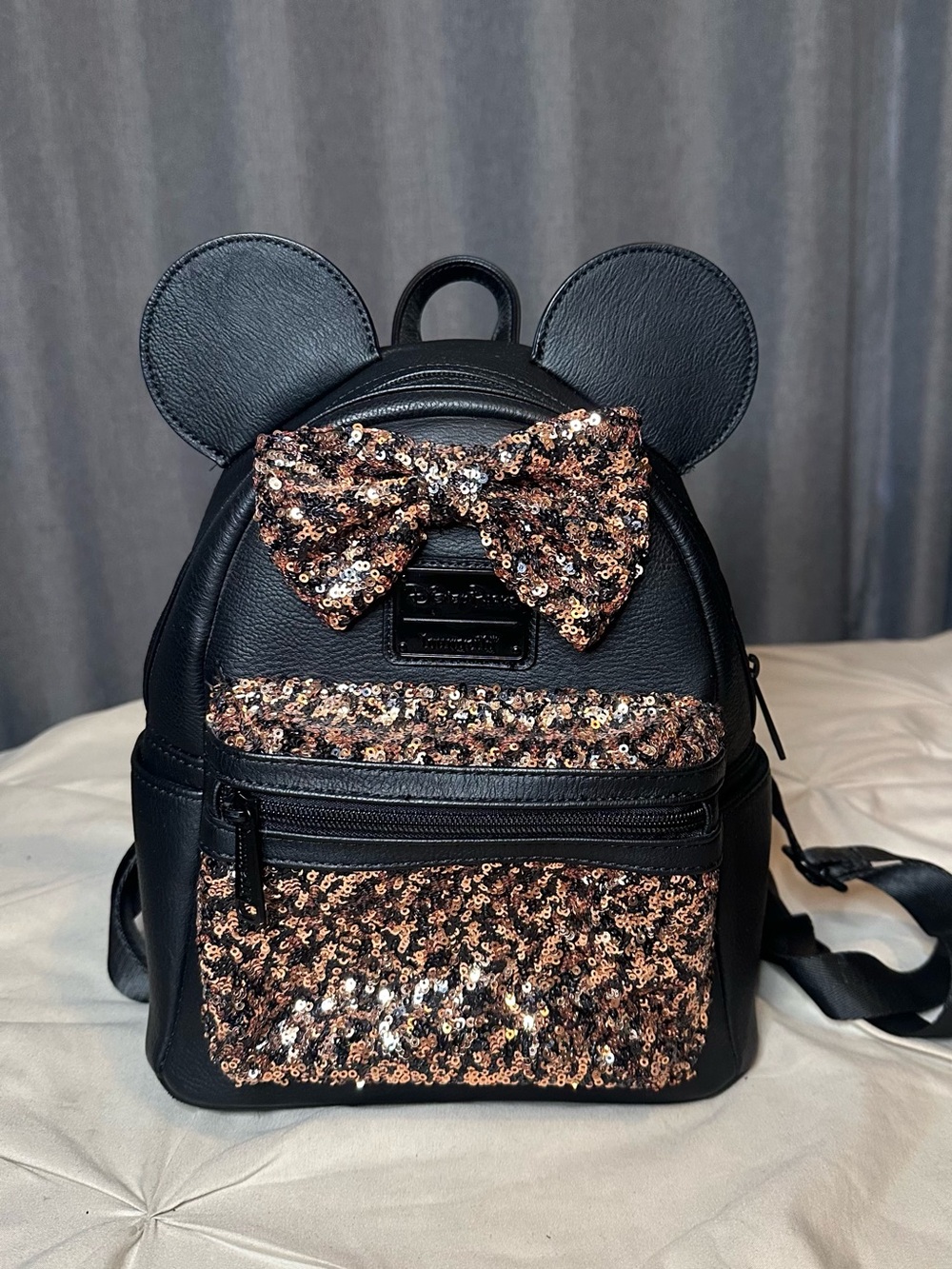 Loungefly Minnie Mouse Black Mini Backpack with Rose Gold Sequin Bow & Ears